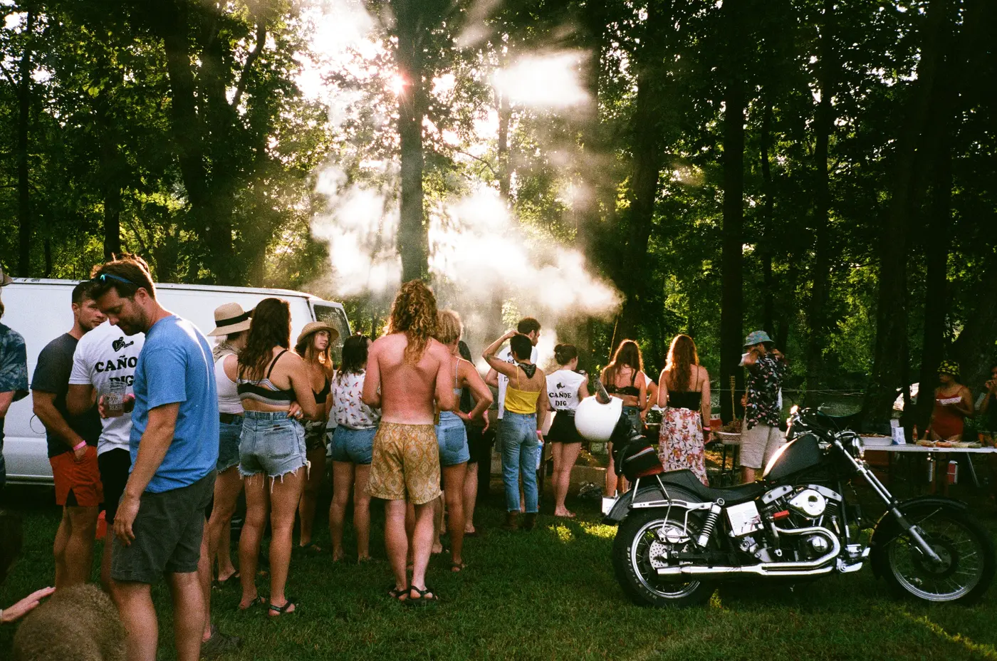 Sunbeams cutting through the trees over the pre-float hang